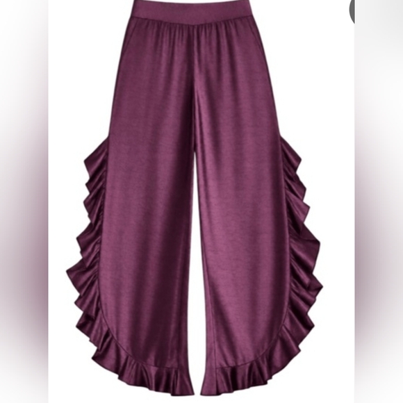 Free People Pants - Free People Plum Bordo Chasing Love Satin Ruffle Lounge Wide Pants Size M/L